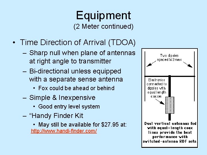 Equipment (2 Meter continued) • Time Direction of Arrival (TDOA) – Sharp null when