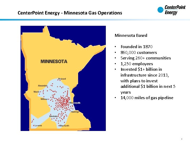 Center. Point Energy - Minnesota Gas Operations Minnesota Based Founded in 1870 860, 000 Center. Point Energy - Minnesota Gas Operations Minnesota Based Founded in 1870 860, 000