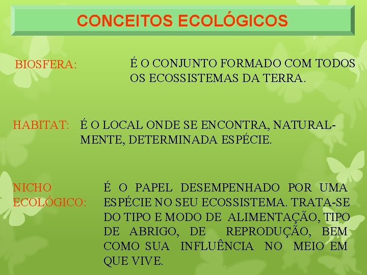 CONCEITOS ECOLÓGICOS BIOSFERA: É O CONJUNTO FORMADO COM TODOS OS ECOSSISTEMAS DA TERRA. HABITAT: