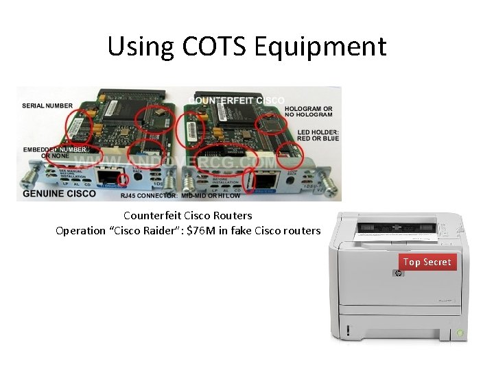 Using COTS Equipment Counterfeit Cisco Routers Operation “Cisco Raider”: $76 M in fake Cisco