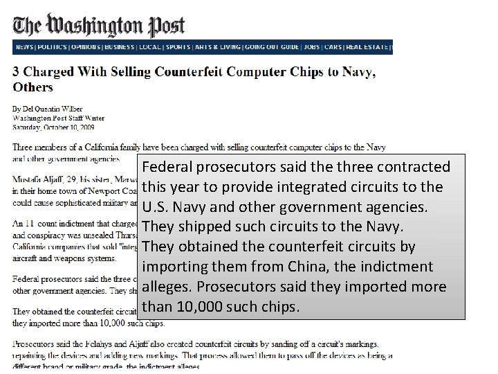 Federal prosecutors said the three contracted this year to provide integrated circuits to the
