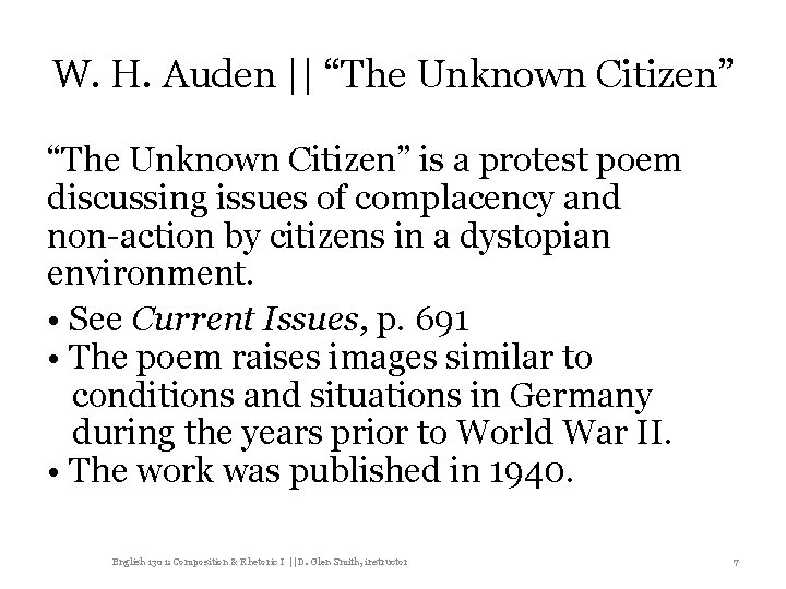 W. H. Auden || “The Unknown Citizen” is a protest poem discussing issues of