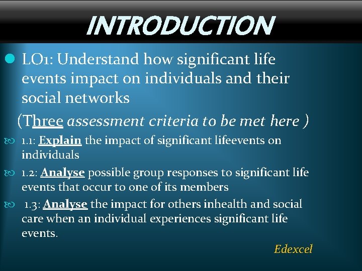 INTRODUCTION l LO 1: Understand how significant life events impact on individuals and their