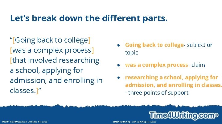 Let’s break down the different parts. “[Going back to college] [was a complex process]