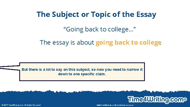 The Subject or Topic of the Essay “Going back to college…” The essay is