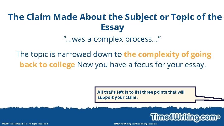 The Claim Made About the Subject or Topic of the Essay “. . .