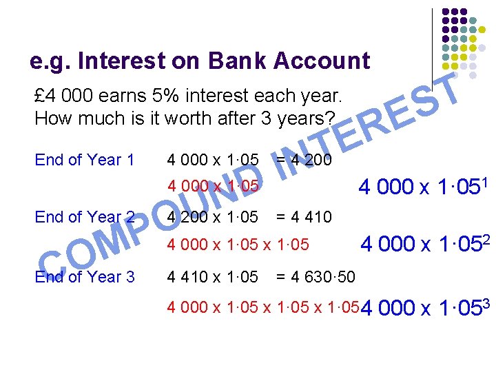 e. g. Interest on Bank Account £ 4 000 earns 5% interest each year.