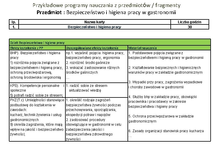 Przykładowe programy nauczania z przedmiotów / fragmenty Przedmiot : Bezpieczeństwo i higiena pracy w