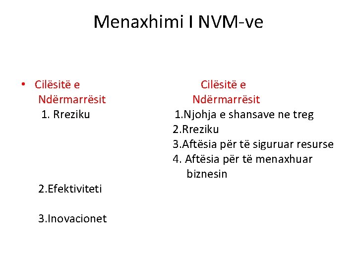 Menaxhimi I NVM-ve • Cilësitë e Ndërmarrësit 1. Rreziku 2. Efektiviteti 3. Inovacionet Cilësitë