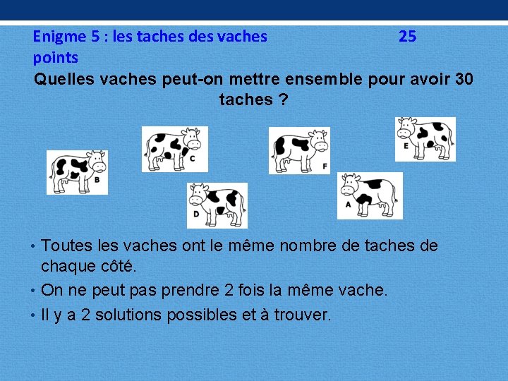 Enigme 5 : les taches des vaches 25 points Quelles vaches peut-on mettre ensemble