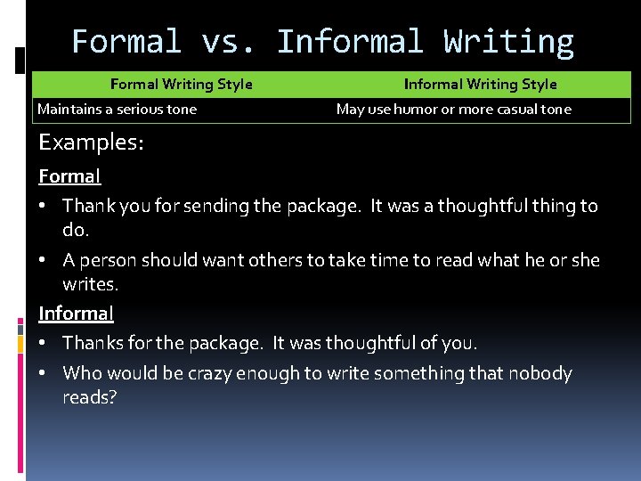 Formal vs. Informal Writing Formal Writing Style Maintains a serious tone Informal Writing Style