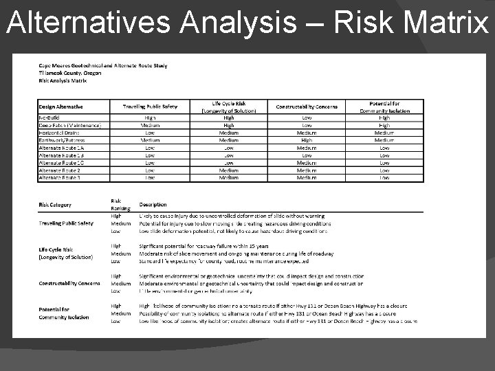 Alternatives Analysis – Risk Matrix 