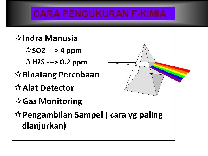 CARA PENGUKURAN F-KIMIA ¶Indra Manusia ¶SO 2 ---> 4 ppm ¶H 2 S --->