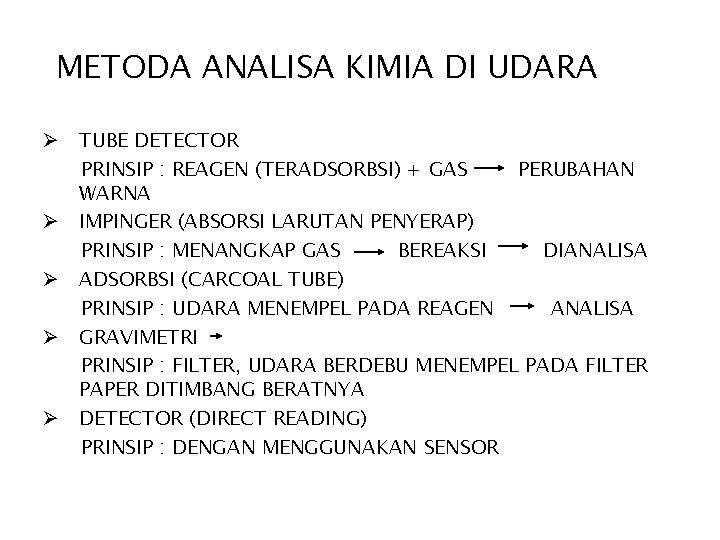 METODA ANALISA KIMIA DI UDARA Ø TUBE DETECTOR PRINSIP : REAGEN (TERADSORBSI) + GAS
