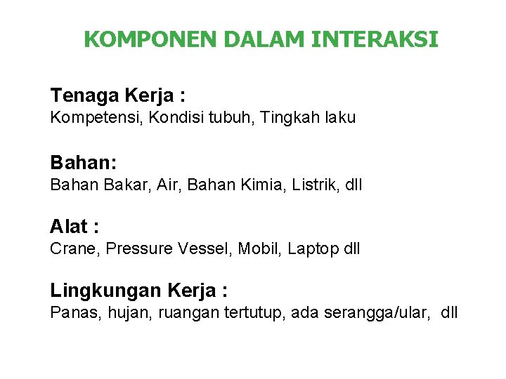 KOMPONEN DALAM INTERAKSI Tenaga Kerja : Kompetensi, Kondisi tubuh, Tingkah laku Bahan: Bahan Bakar,