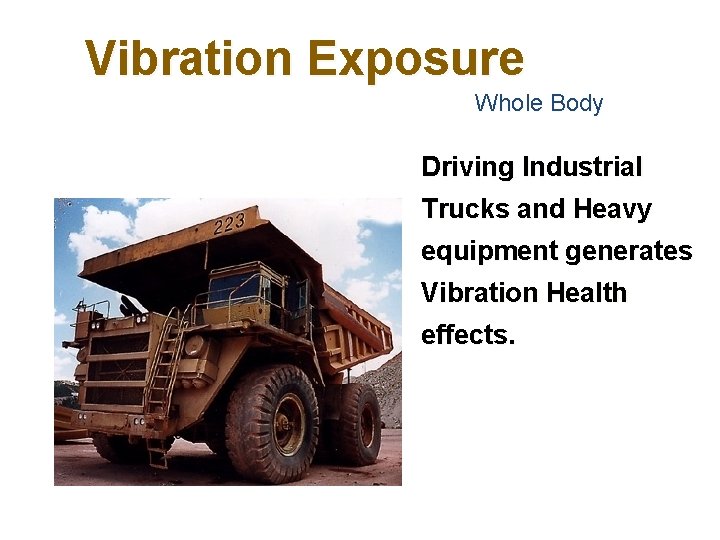 Vibration Exposure Whole Body Driving Industrial Trucks and Heavy equipment generates Vibration Health effects.