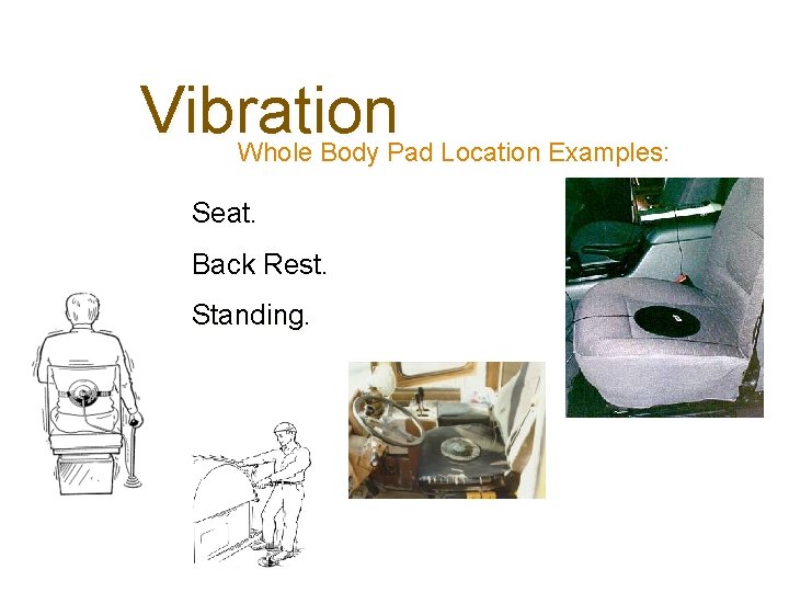 Vibration Whole Body Pad Location Examples: Seat. Back Rest. Standing. 