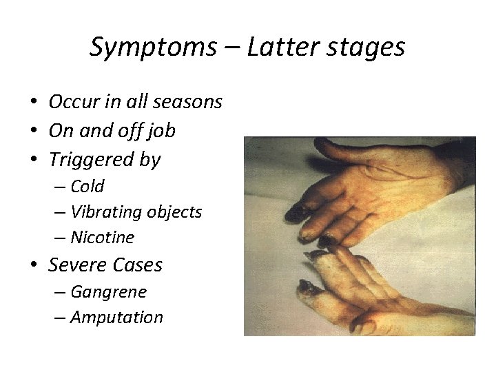 Symptoms – Latter stages • Occur in all seasons • On and off job