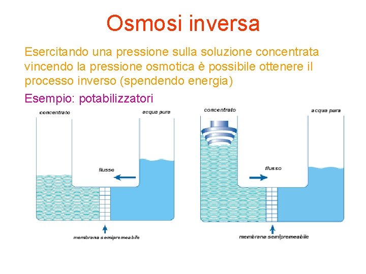 Osmosi inversa Esercitando una pressione sulla soluzione concentrata vincendo la pressione osmotica è possibile Osmosi inversa Esercitando una pressione sulla soluzione concentrata vincendo la pressione osmotica è possibile