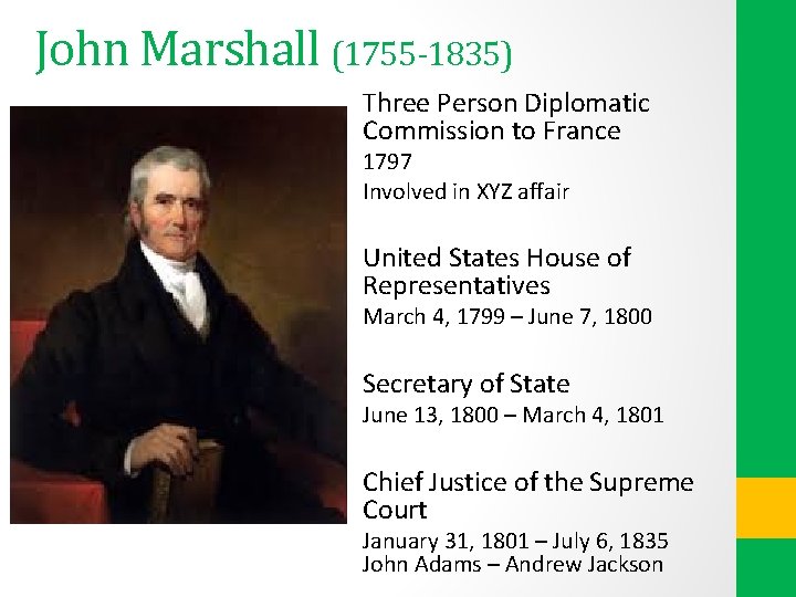 John Marshall (1755 -1835) Three Person Diplomatic Commission to France 1797 Involved in XYZ