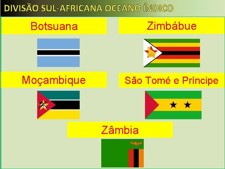 DIVISÃO SUL-AFRICANA OCEANO ÍNDICO Botsuana Zimbábue Moçambique São Tomé e Príncipe Zâmbia 