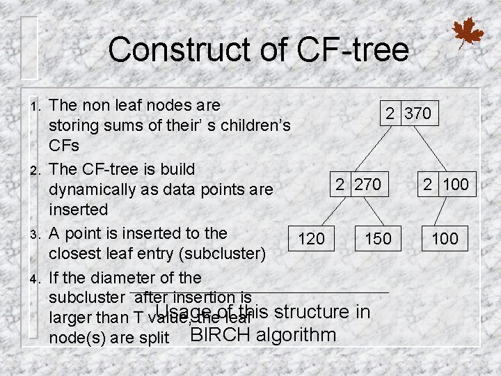 Construct of CF-tree 1. 2. 3. 4. The non leaf nodes are 2 370