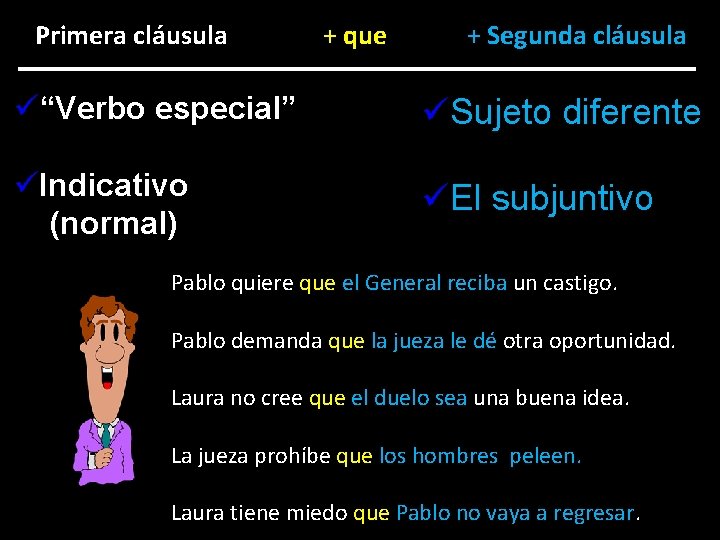 Primera cláusula + que + Segunda cláusula ü“Verbo especial” üSujeto diferente üIndicativo (normal) üEl