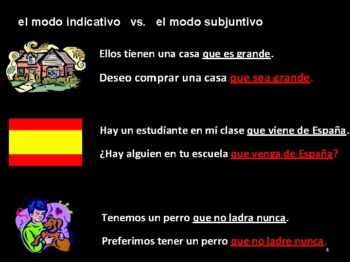 el modo indicativo vs. el modo subjuntivo Ellos tienen una casa que es grande.