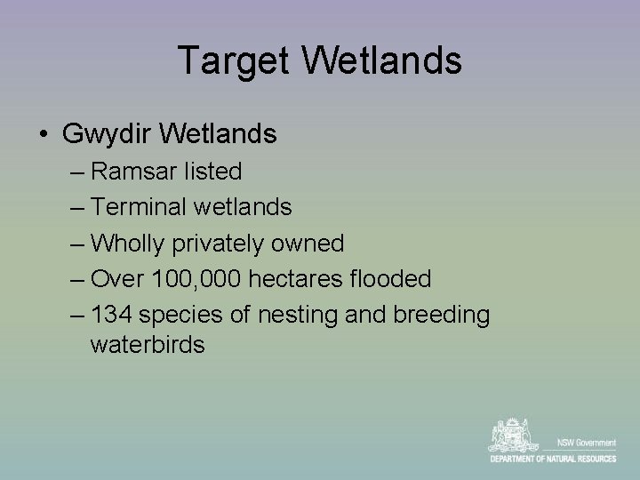 Target Wetlands • Gwydir Wetlands – Ramsar listed – Terminal wetlands – Wholly privately