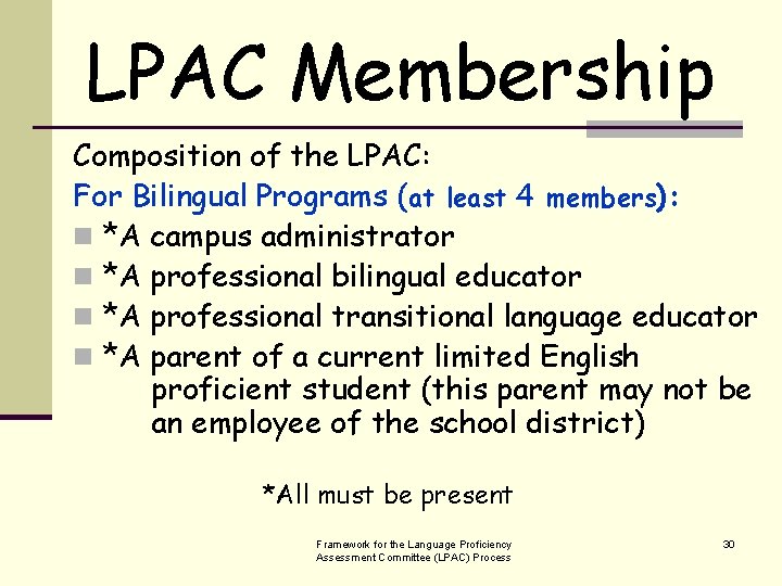 LPAC Membership Composition of the LPAC: For Bilingual Programs (at least 4 members): n