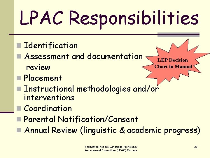 LPAC Responsibilities n Identification n Assessment and documentation LEP Decision Chart in Manual review