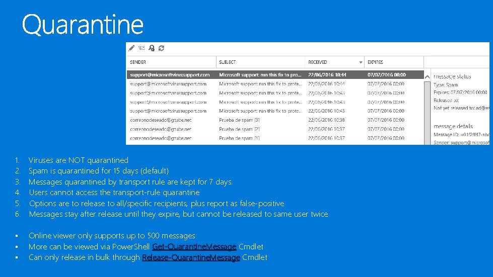 1. 2. 3. 4. 5. 6. Viruses are NOT quarantined Spam is quarantined for