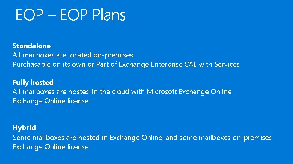 Standalone All mailboxes are located on-premises Purchasable on its own or Part of Exchange