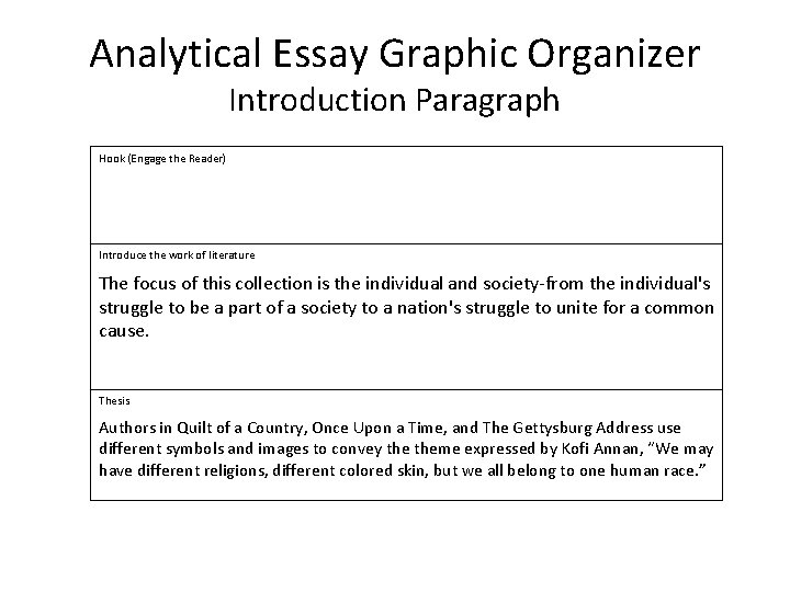 Analytical Essay Graphic Organizer Introduction Paragraph Hook (Engage the Reader) Introduce the work of