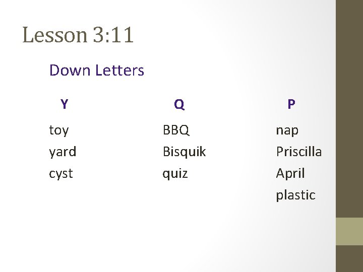 Lesson 3: 11 Down Letters Y toy yard cyst Q BBQ Bisquik quiz P