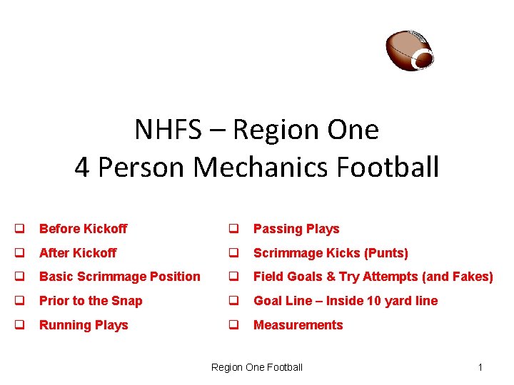 NHFS – Region One 4 Person Mechanics Football q Before Kickoff q Passing Plays