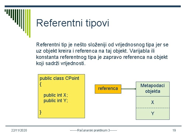 Referentni tipovi Referentni tip je nešto složeniji od vrijednosnog tipa jer se uz objekt