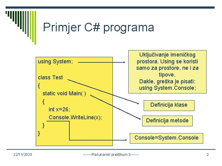 Primjer C# programa using System; class Test { static void Main( ) { int