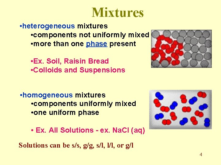 Mixtures • heterogeneous mixtures • components not uniformly mixed • more than one phase