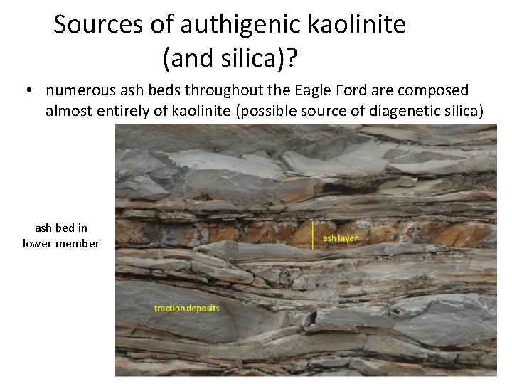 Sources of authigenic kaolinite (and silica)? • numerous ash beds throughout the Eagle Ford