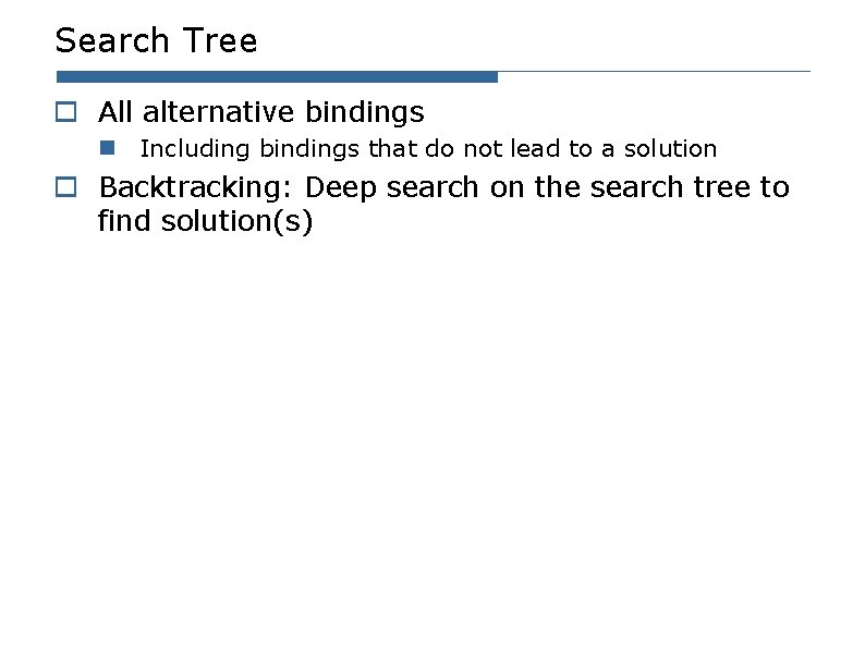 Search Tree o All alternative bindings n Including bindings that do not lead to Search Tree o All alternative bindings n Including bindings that do not lead to