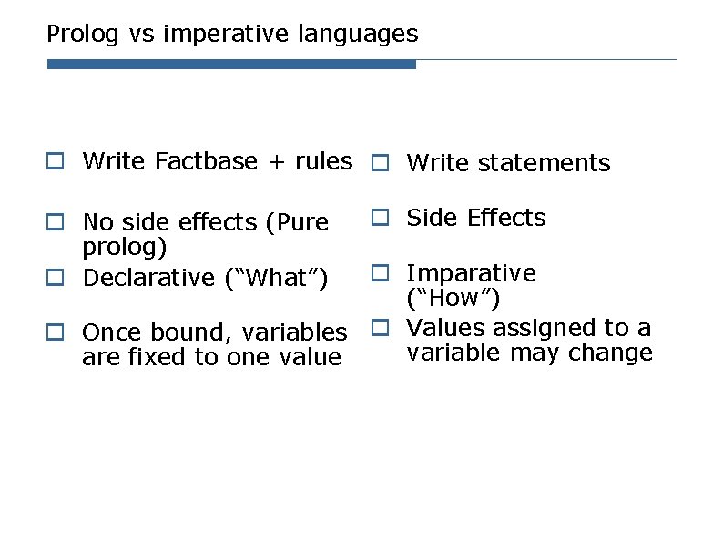 Prolog vs imperative languages o Write Factbase + rules o Write statements o No Prolog vs imperative languages o Write Factbase + rules o Write statements o No