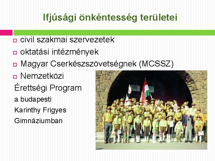 Ifjúsági önkéntesség területei civil szakmai szervezetek oktatási intézmények Magyar Cserkészszövetségnek (MCSSZ) Nemzetközi Érettségi Program