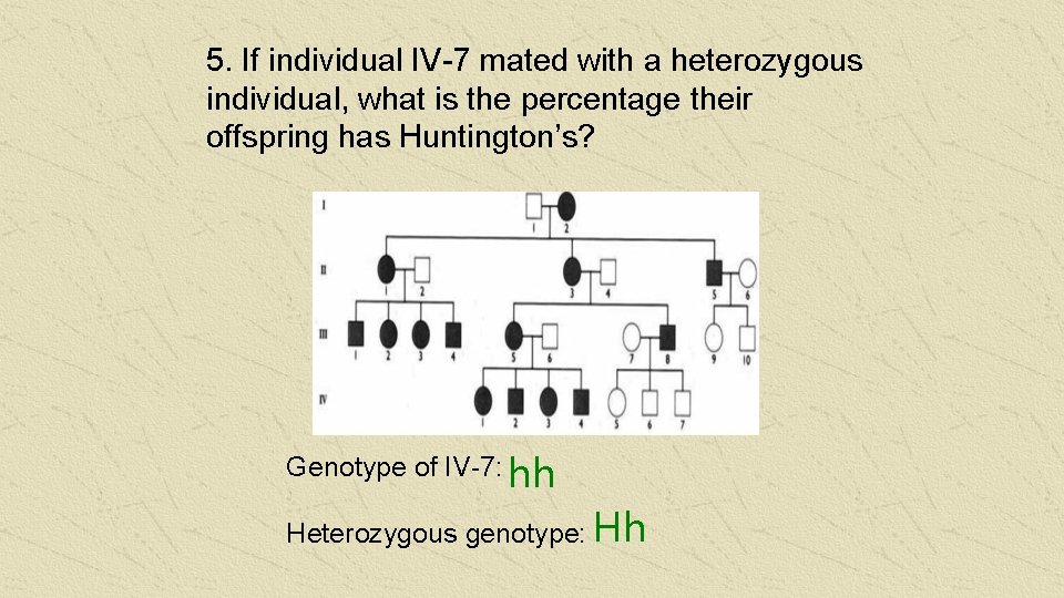 5. If individual IV-7 mated with a heterozygous individual, what is the percentage their