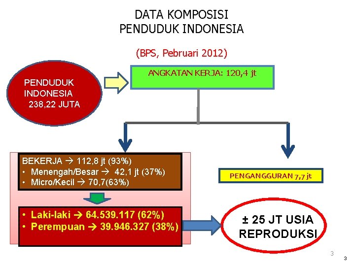 DATA KOMPOSISI PENDUDUK INDONESIA (BPS, Pebruari 2012) ANGKATAN KERJA: 120, 4 jt PENDUDUK INDONESIA