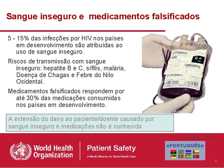 Sangue inseguro e medicamentos falsificados 5 - 15% das infecções por HIV nos países Sangue inseguro e medicamentos falsificados 5 - 15% das infecções por HIV nos países