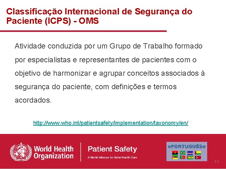 Classificação Internacional de Segurança do Paciente (ICPS) - OMS Atividade conduzida por um Grupo