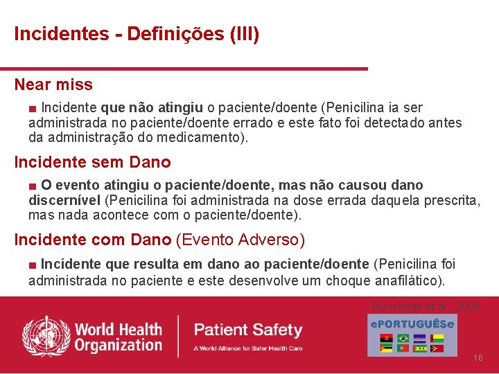 Incidentes - Definições (III) Near miss ■ Incidente que não atingiu o paciente/doente (Penicilina