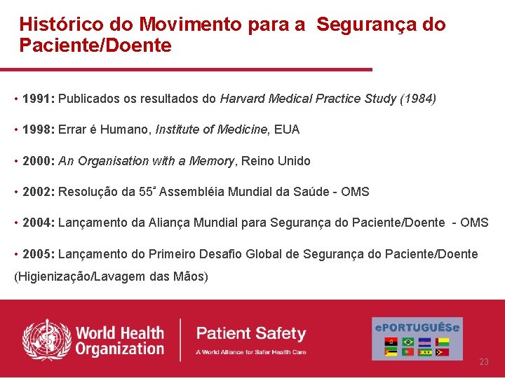 Histórico do Movimento para a Segurança do Paciente/Doente • 1991: Publicados os resultados do