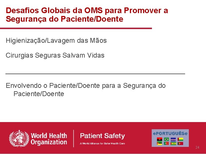 Desafios Globais da OMS para Promover a Segurança do Paciente/Doente Higienização/Lavagem das Mãos Cirurgias